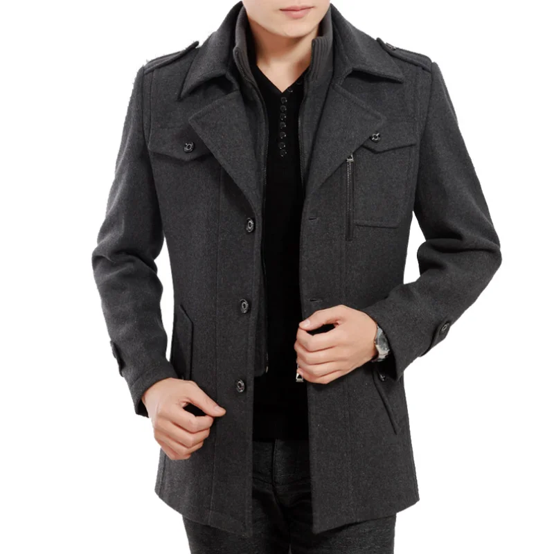 New Fashion Men Middle Long Scarf Collar Cotton-padded Winter Thick Warm Woolen Jacket Coat Male Trench Coat Overcoat