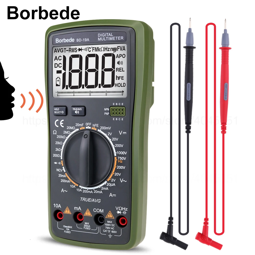 Borbede BD-19A цифровой мультиметр с голосовым значением DC/AC напряжение ток сопротивление емкость NCV True RMS диод тестер