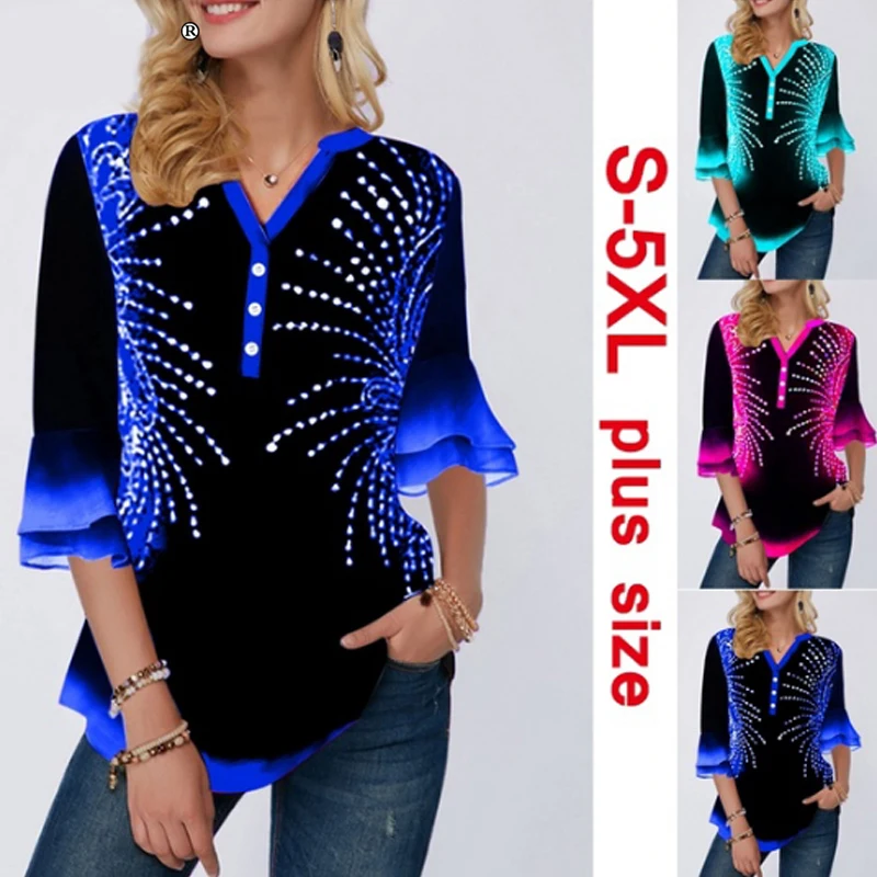 Plus-size-5xl-Latest-Model-Single-breasted-Print-Position-Blue-V-neck-Flared-Sleeve-Tops-Female (3)