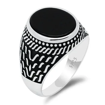 

Punk Men Ring 925 Sterling Silver Natural Black Onyx Stone Male Rings Retro Tassel Design Turkish Handmade Gemstone Jewelry Gift