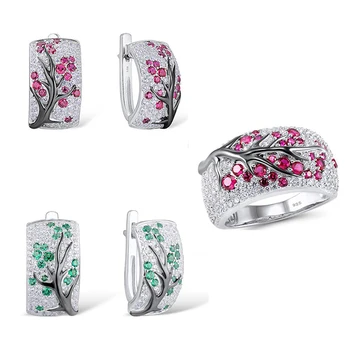 

3pcs/set Unique Design Plum Blossom Silver Jewelry Set for Women Vintage Crystal Zircon Red Green Hoop Earrings Ring Wedding Set