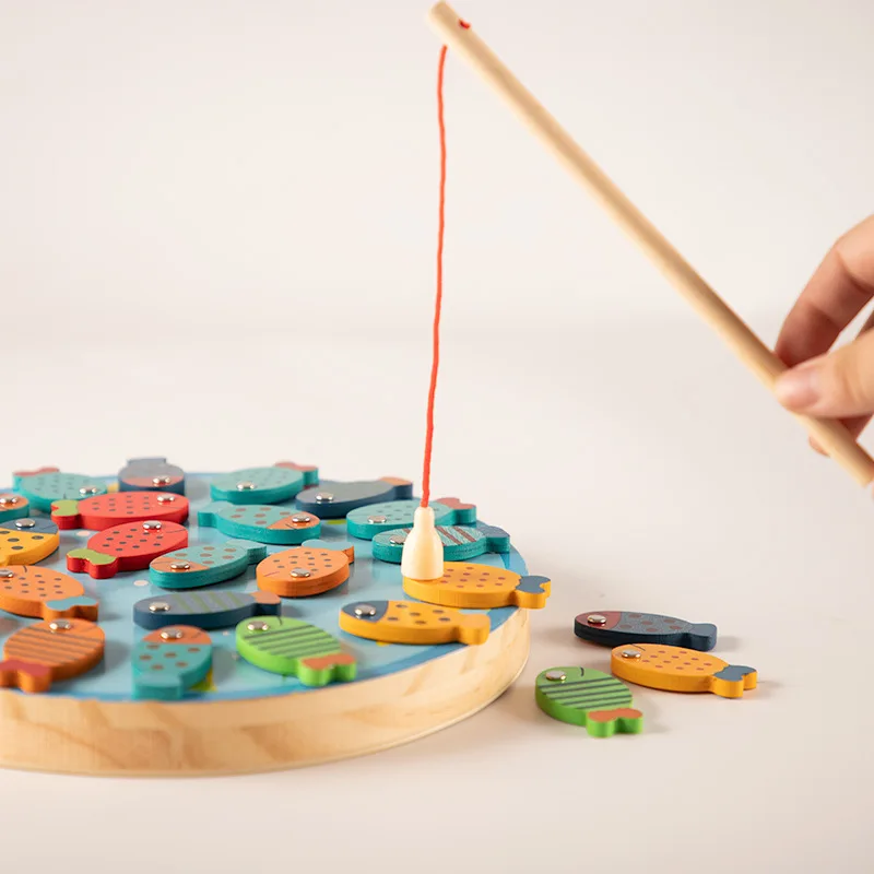 

Wood Children Fishing Toys Magnetic Early Childhood Educational Force Baby Fish Pond Set Boy Women's Kitten Fishing
