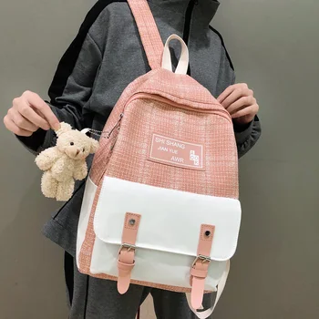 

LENLEI Female Cute Backpack Linen Women Fashion School Bag Harajuku Girl Kawaii Backpack Canvas Lattice Ladies Bag Doll Pendant