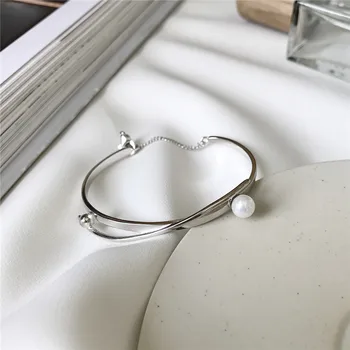 

RUIYI Women Elegant Real 925 Sterling Silver Geometric Pearl Bracelet Female Stylish Wedding Birthday Jewelry Gift Open Bangles