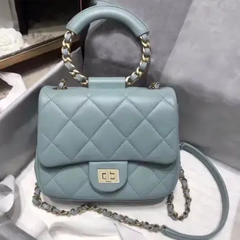 

Round Chain Handle Bag For Women Leather Plaid Messenger Bag Luxury Handbags Women Bags Designer Small Totes Bag Blue Black