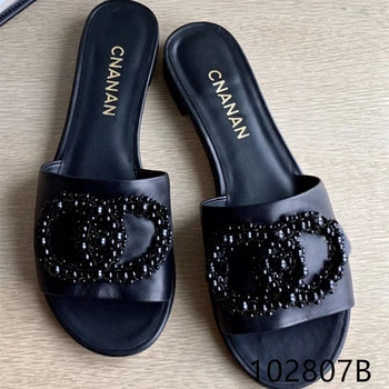

Luxury ladies platform beach shoes women home slippers beaded leather high quality Zapatos De Mujer flip flops slides pantuflas