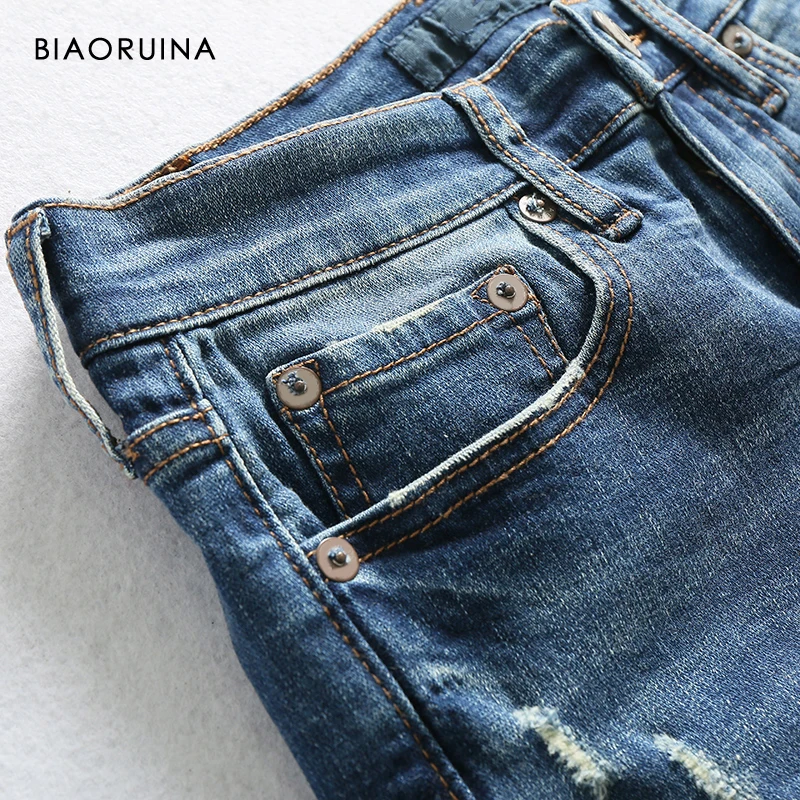 BIAORUINA Женская Повседневная стирка отбеленная джинсовая ткань джинсы кисточки женские отверстия царапины модные джинсы карандаш новое