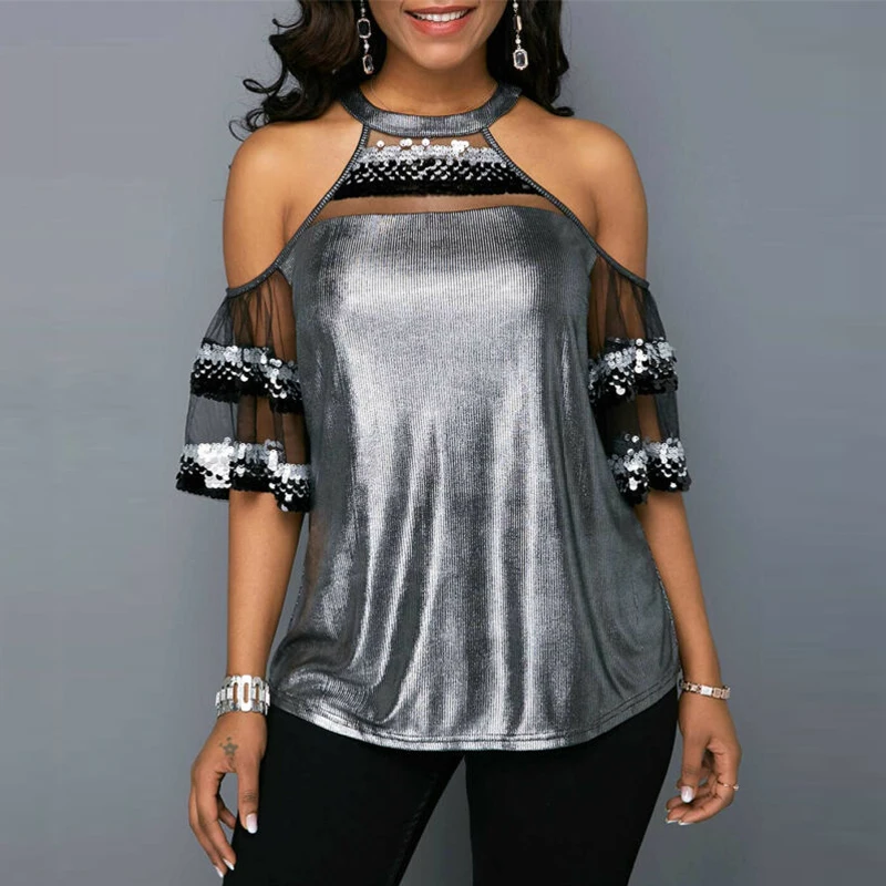 

Hirigin Women Mesh Sequins Blouse Tops New Lady Hollow Out Patchwork Shirts Off Shoulder Short Sleeve Summer Clothes Vogue Shirt