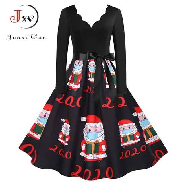 Plus Size Women Christmas Dress Long Sleeve Vintage Elegant V Neck Print Big Swing Party Xmas New Year Winter Clothes S~3XL Robe 2