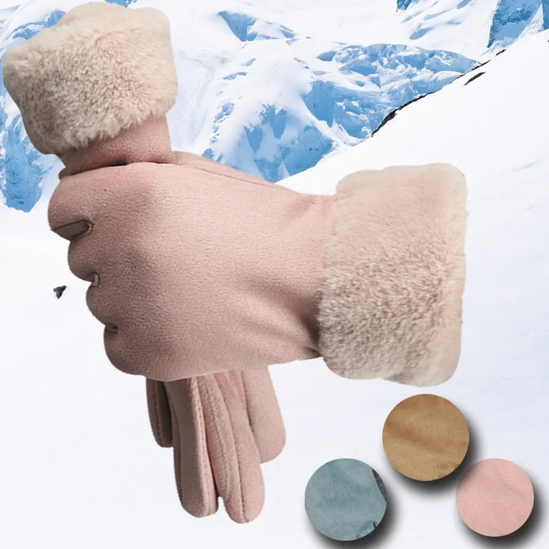 

Winter Female Lace Warm Cashmere Three Ribs Cycling Mittens Double thick Plush Wrist Women Touch Screen Driving Gloves B54