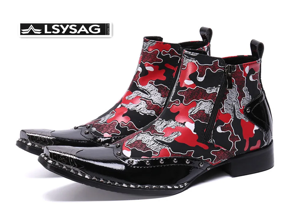 

Camouflage Print Men Luxury Genuine Leather Boots Rivets Cowboy Ankle Boots Plus Size 38-47 Zipper Punk Motorcycle Boots