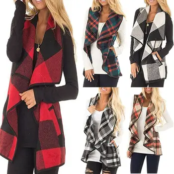 

Autumn Office Ladies Vest Sleeveless Turn Down Neck Open Front Jacket Check Plaid Cardigan Casual Women Long Waistcoat Plus Size