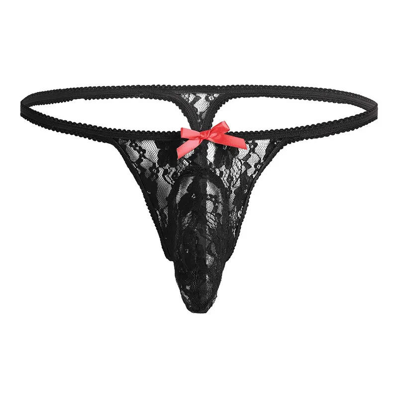 Black Мужское нижнее белье SISSY, мужские, низкая посадка, сексуальные трусики, открытая ягодица, цветочное кружево, прозрачное, выпуклое, с мешочком, бикини, трусы, стринги, нижнее белье - Цвет: Black