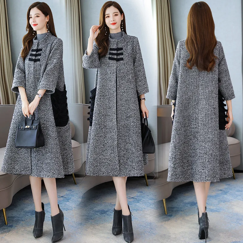 

Single Breasted Stand Collar Long Sleeve Straight-Cut Long Woolen Jacket Solid Color 2019 Winter Versatile
