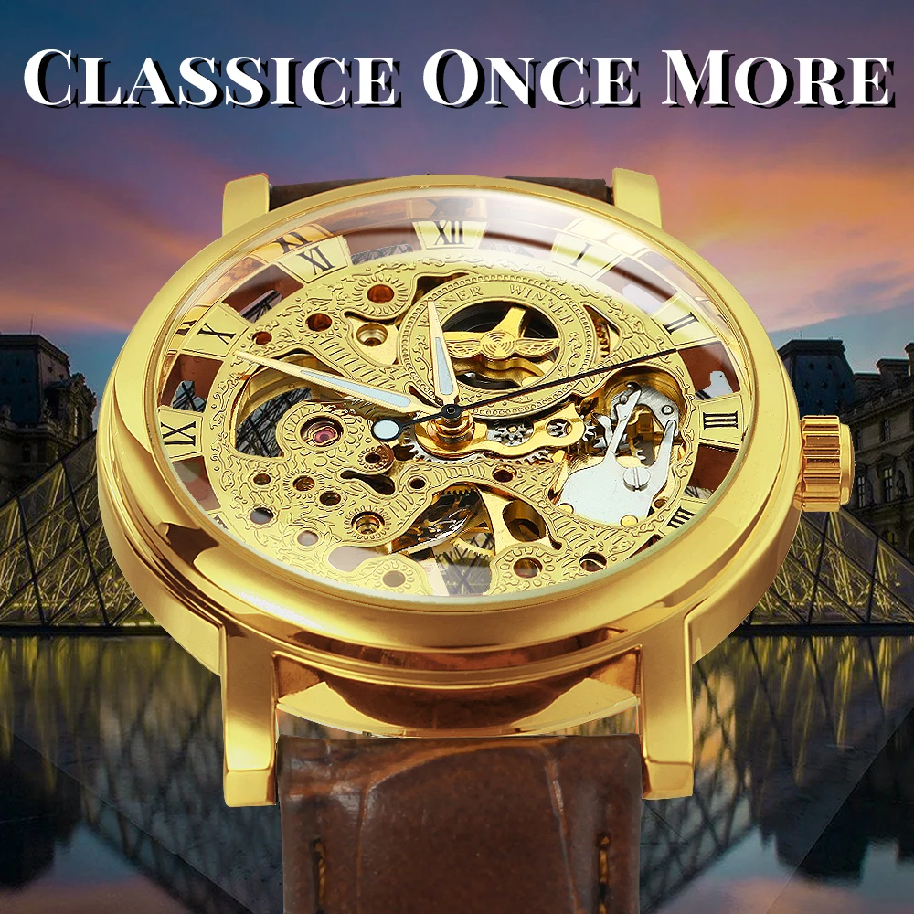 Gold Watch Men Fashion Skeleton Mens Watches Luxury Business Clock Leather Strap Wristwatch