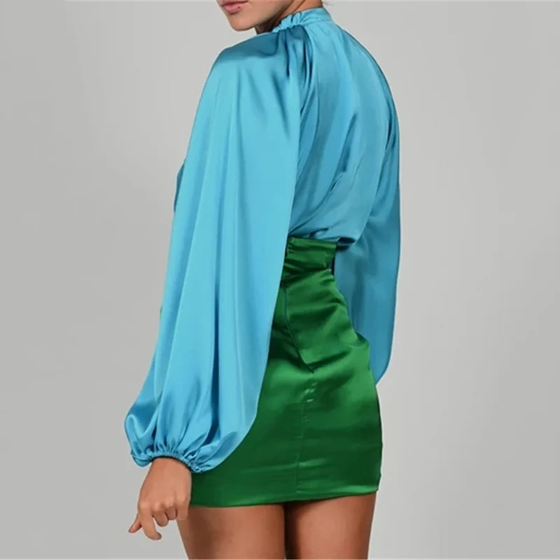 NewAsia Two Piece Skirt Set Lantern Sleeve Deep V Bodysuit Satin Top