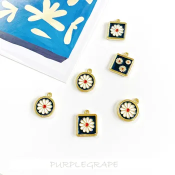 

6pcs DIY Earrings Ear Pendant Shoe Bag Pendant Homemade Handmade Material Net Red Daisy Retro Style round Brand Square Pendant