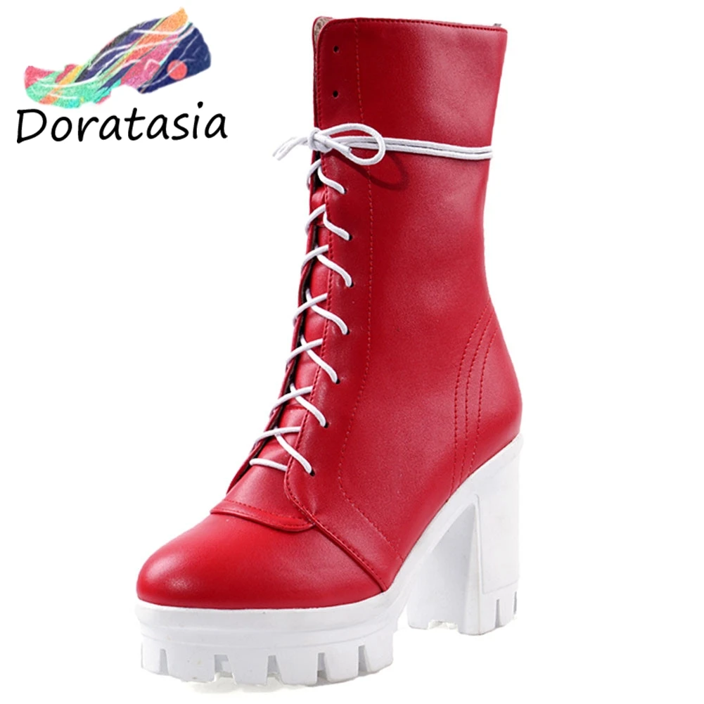 

DORATASIA Big Size 34-43 Lady Fashion High Top Ankle Boots Women 2019 lace-up Platform Motorcycle Boots High Heel Shoes Woman
