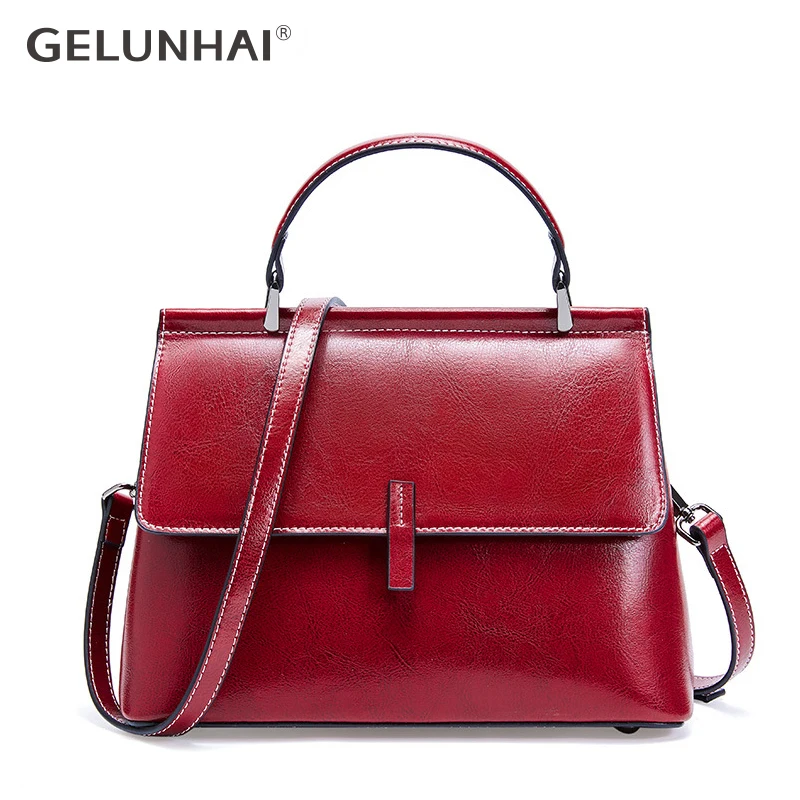 

GELUNHAI 100% Genuine Leather Retro Brown Women Tote Bag Small Flap Daily Casual Shoulder Messenger Bags Black Grey Pink Handbag