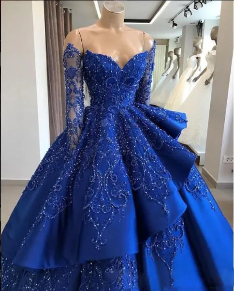Королевское голубое кружево бисером 2 шт. Свадебные платья винтажные Длинные рукава свадебное платье с украшением из бусин отсоединяемая юбка Robe De Mariee - Цвет: Синий