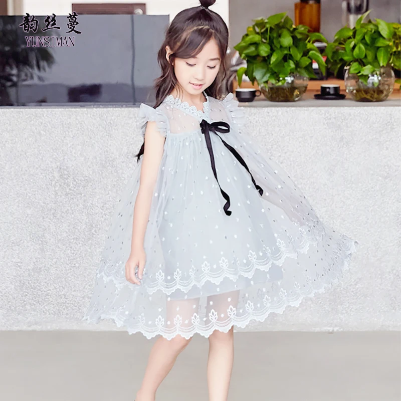 

Summer Kids Dress for Big Girls 6 8 10 to 12 14 Years Lace Embroidery Gray Dress Casual Girls School Clothes Kids Costume 13L13A