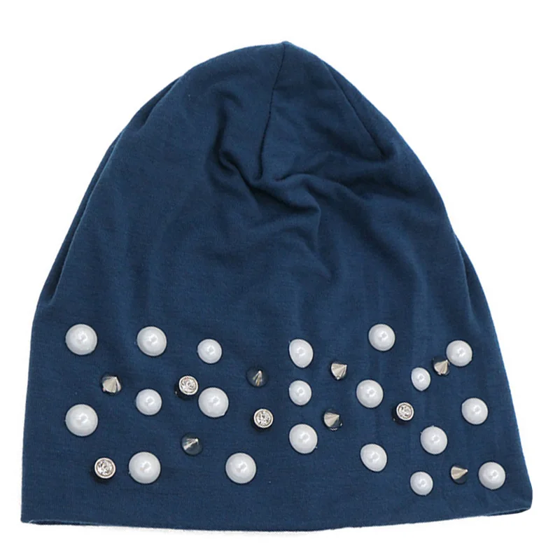 Blueish Женские свободные хлопковые шапочки Skullies с жемчугом, шапки для зимы, женские повседневные черные шапочки с бриллиантами, женские шапочки больших размеров Gorros - Цвет: Blueish
