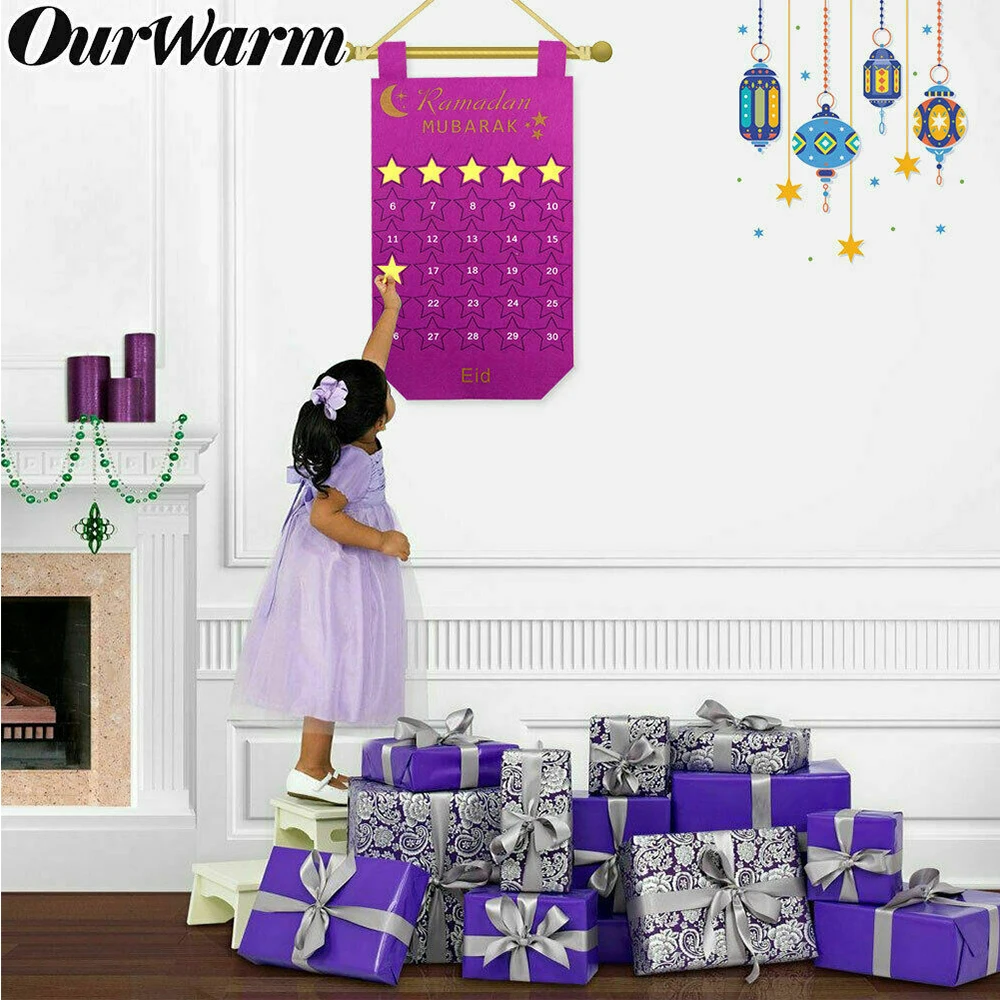 Newest Eid Mubarak 30days Advent Calendar Hanging Felt Countdown Calendar for Kids Gifts Ramadan Party Decorations Supplies