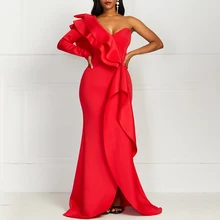 Evening Party Dresses Women Elegant Sexy One Shoulder Ruffles Long Maxi Dresses Backless Split Red Bodycon Dress Plus Size 2022