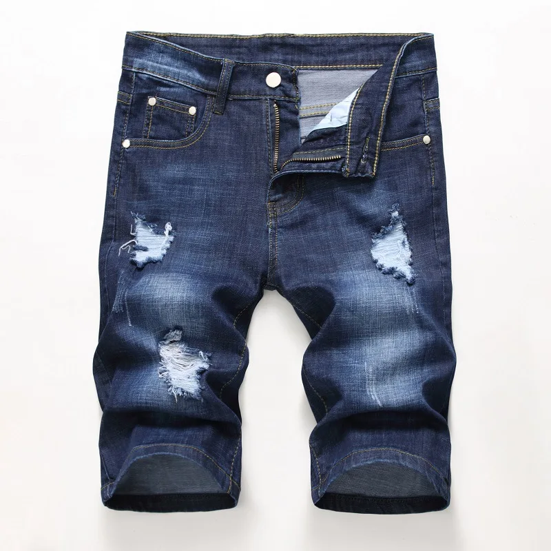 AILMY Summer Denim Shorts for Men Letter Printed Hole Breaking Straight Leg Casual Frayed Pants 