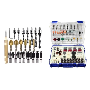 

2 Set Tool Set: 1 Set 23 Pcs Automatic Center Punch Set Wood Plug Cutter & 1 Set 268 Pcs Mini Drill Bit Set Abrasive Tools Grind