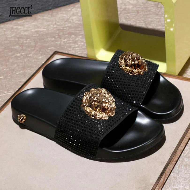 

New Luxe rhinestone slippers summer couples flip flops brand designer leisure beach slippers male chaussure homme Big yards T6