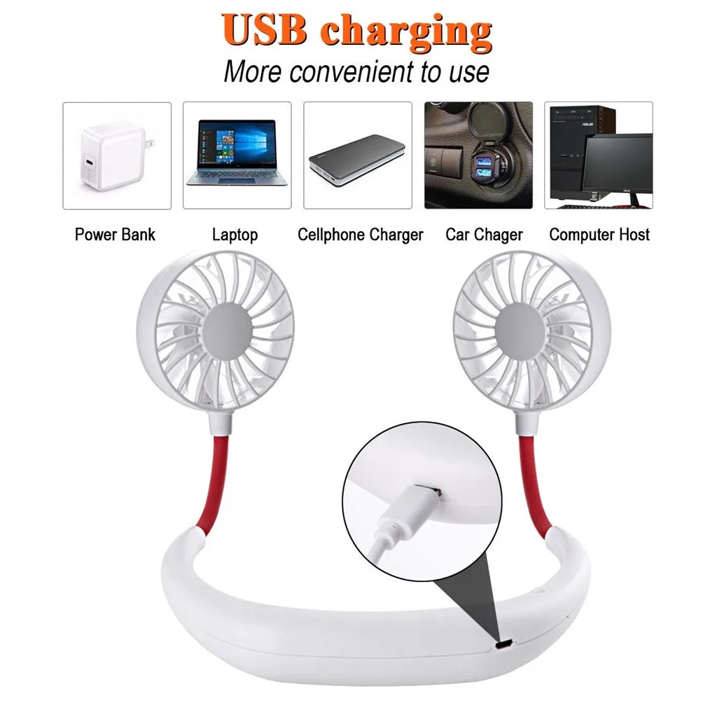 Портативный usb-вентилятор 1 шт. светодиодный USB Перезаряжаемый шейный ремень ленивый шейный Подвесной Стиль двойной охлаждающий вентилятор мини ручной свободный вентилятор