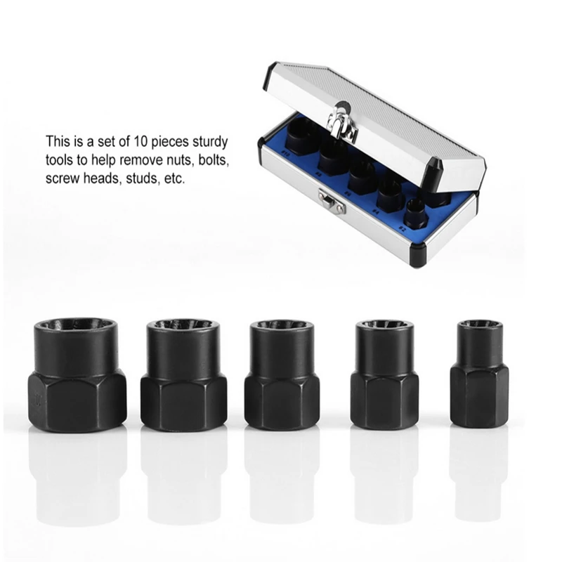 

9-19mm Bolt Nut Remover Extractor Set Black Damaged Nuts Extractors Broken Bolt Removal Kit High/Short Type 10 Pcs/Set