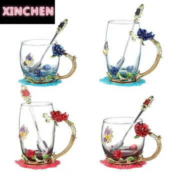 

Red Blue Rose Enamel Crystal Tea Cup Coffee Mug Butterfly Rose Painted Flower Water Cups Clear Glass with Spoon Set Perfect Gift