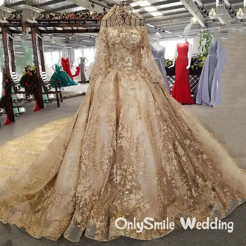 Королевский поезд Золотое мусульманское свадебное платье роскошное Золотое кружевное бальное платье с открытыми плечами свадебное арабские подвенечные платья с бесплатной кружевной вуалью