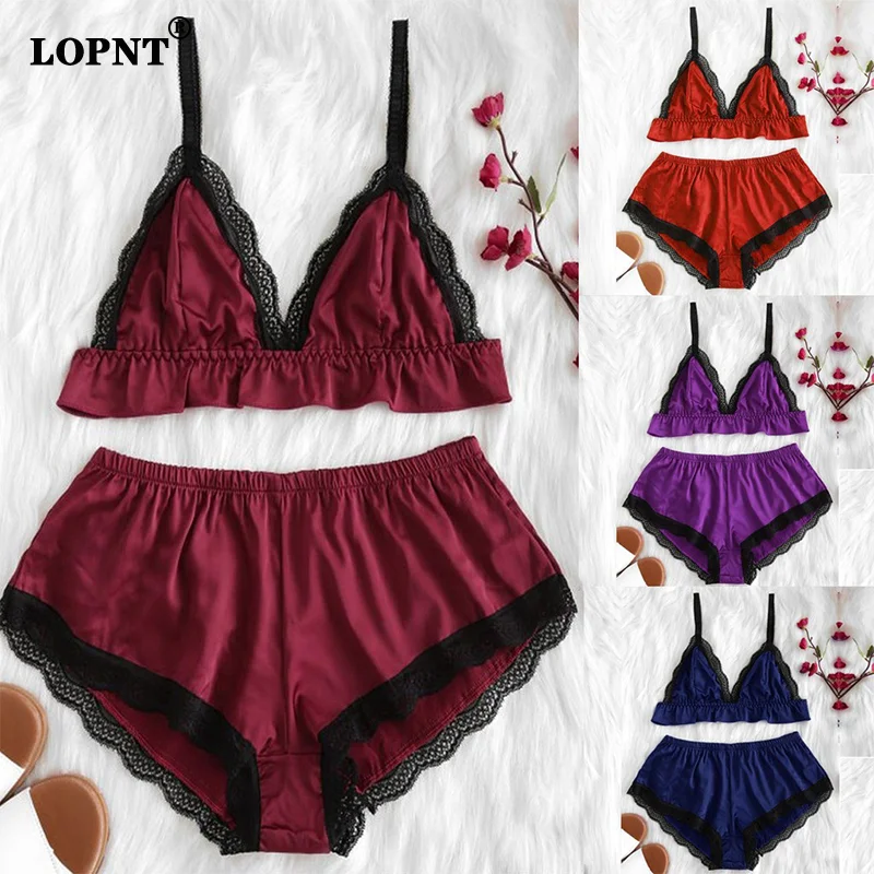 

LOPNT Women Sleepwear Lace Split Shiny Cloth Pajamas Set Nightwear Bra Top + Shorts Sexy Lingerie Camisole Underwear