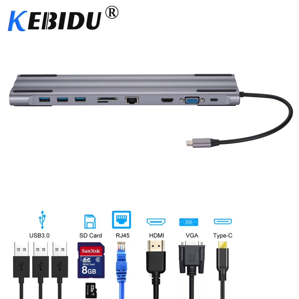 Kebidu концентратор USB type C до 3,0 USB HDMI RJ45 usb-хаб для MacBook Pro Аксессуары USB разветвитель Мульти 10 Порты Тип C концентратор USB-C концентратор