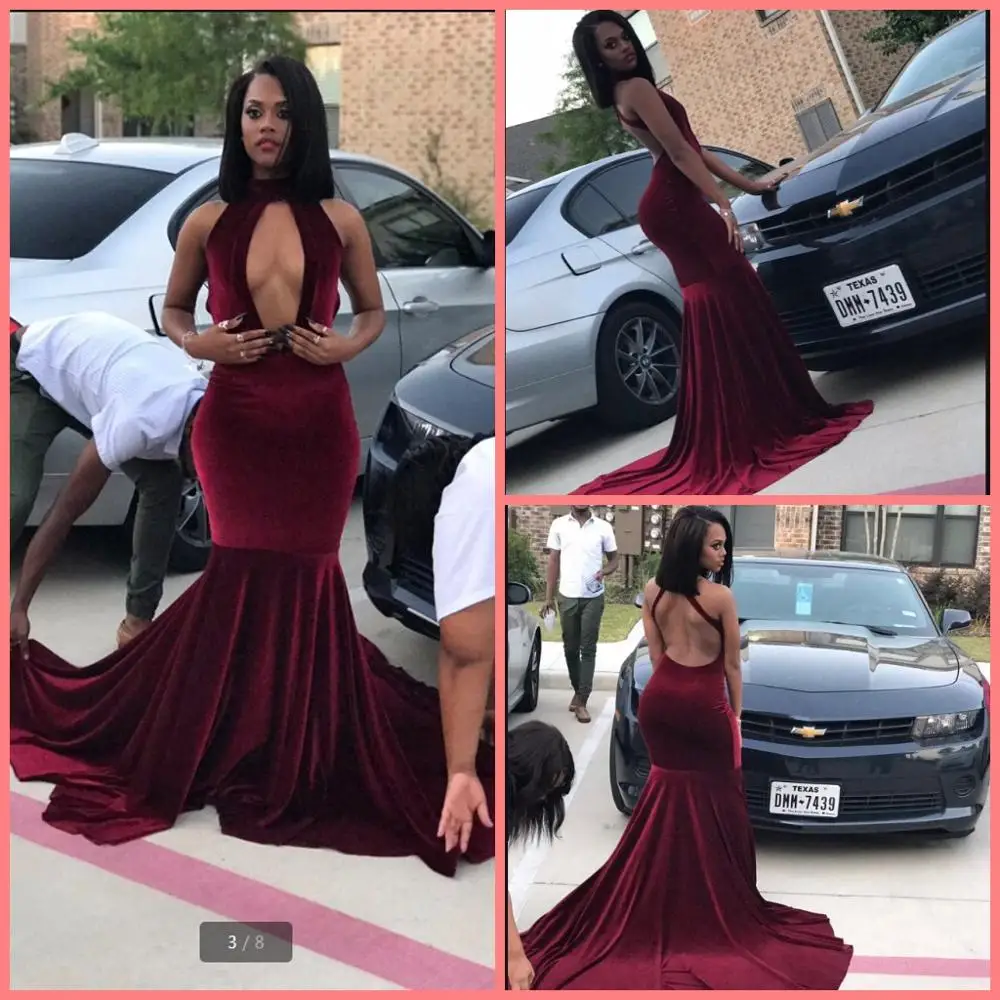 

Sexy South African Burgundy Velvet Mermaid Prom Dresses Black Girls 2020 High Neck Open Back court train Evening Party Gowns