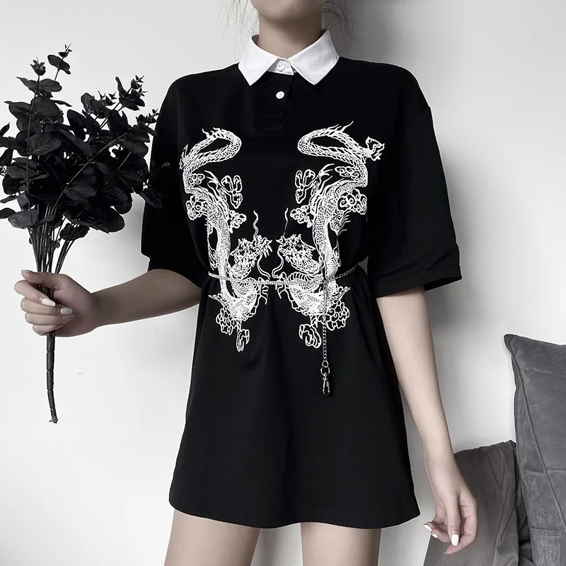 957 Women Short Sleeve Chinese Dargon Gothic T Shirts Oversize Punk Style Blouses Trendy Cool Polo Shirt 