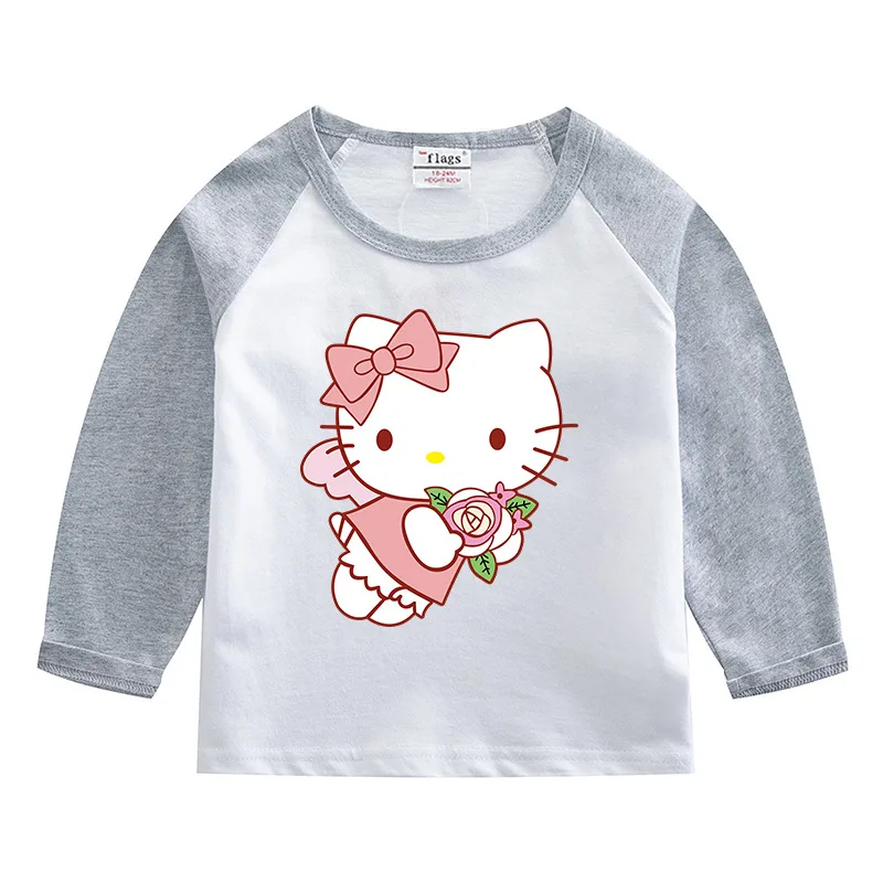 thumbnail image 1 of Hello Kitty-Camiseta de algodón puro para niños, camiseta que absorbe la humedad, Tops contrastantes dulces a la moda, camisetas deportivas informales de manga larga para bebé, 1 of 5