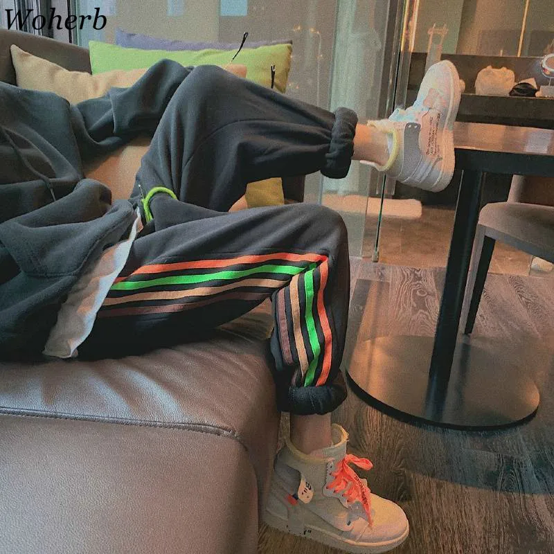 

Woherb Autumn Winter Thick Sweatpants Women Jogger Harajuku Side Rainbow Striped Hiphop Harem Pant Streetwear Korean Casual Pant