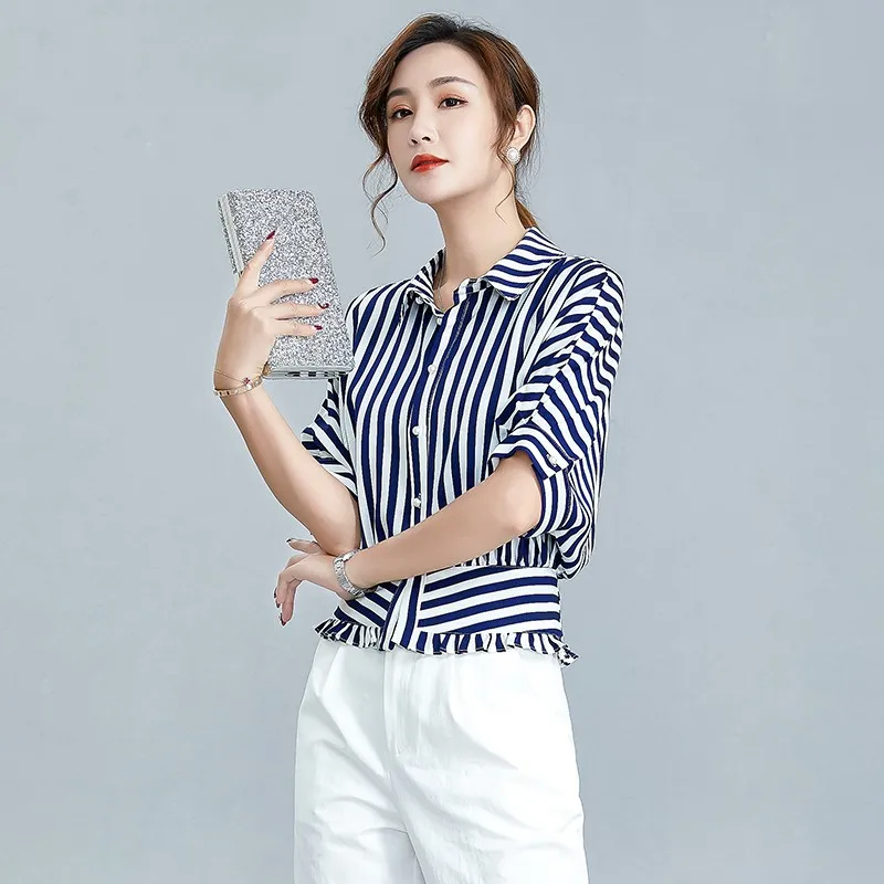 Striped Half-sleeved Turn-down Collar Chiffon