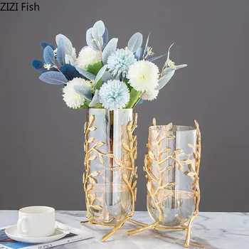 Hollow Gold Metal Frame Branches Rattan Transparent Glass Flower Vase 3