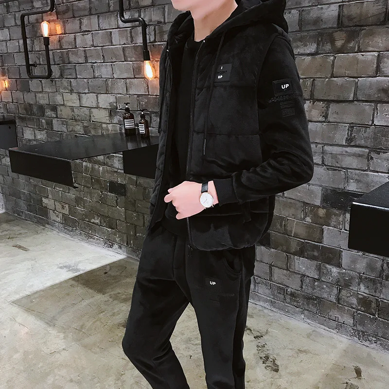 

2019 Men's New Style Three-piece Set Gold Velvet Set Warm Leisure Sports Suit Slim Fit Korean-style Youth Hoodie