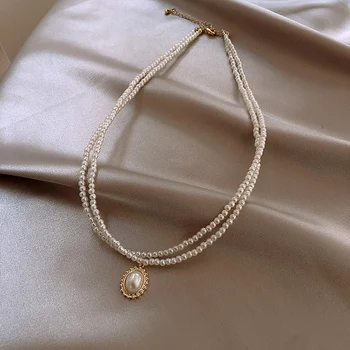 Korean new design fashion jewelry double elegant and elegant white pearl water drop pendant female prom party clavicle necklace