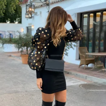 

Dress 2020Top Women Round Neck Polka Dot Sheer Mesh Lantern Sleeve Sexy Cute Sheath Dress Sexy Evening Party LaceBodycon Vestdio