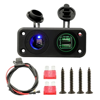 

Dual USB Socket Panel with Screw Waterproof Power Socket Adapter Kit Dual USB Ports for 12V-24V Car Boat RV, Green LED Lights