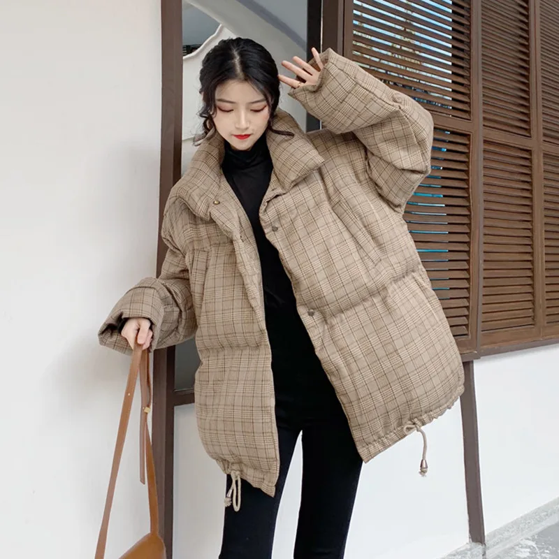 

CHIC Mid-length Loose-Fit Plaid down Coat Women's Winter New Style Korean-style Students Versatile Thick Cotton Overcoat Fashion