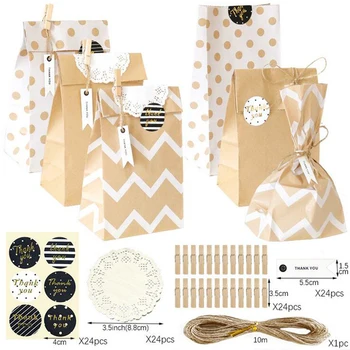 

24sets Kraft Paper Dot Wave Candy Box Gift Bags With Rope Hange Tags Sticker Favors Guests Cookie Packaging Box Party Decoration