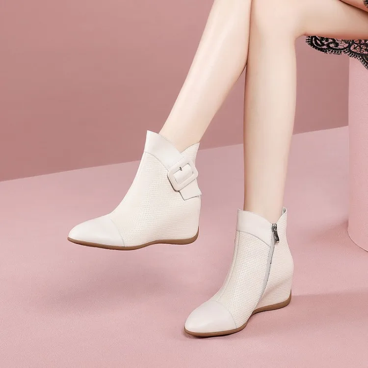 

MLJUESE 2021 women ankle boots Cow leather winter short plush beige color buckle strap round toe wedges heels female ankle boots